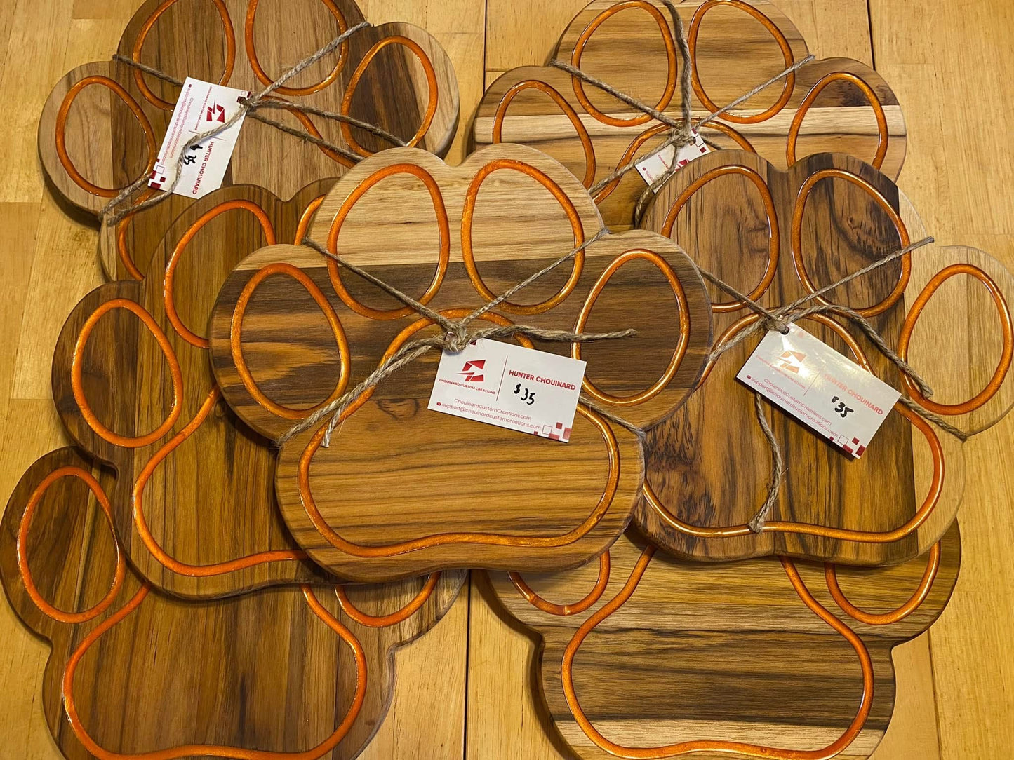 Handcrafted Teak Cutting Board with Orange Epoxy Paw Cutout – 1" Thick