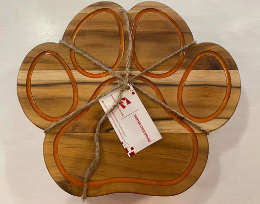 Handcrafted Teak Cutting Board with Orange Epoxy Paw Cutout – 1" Thick